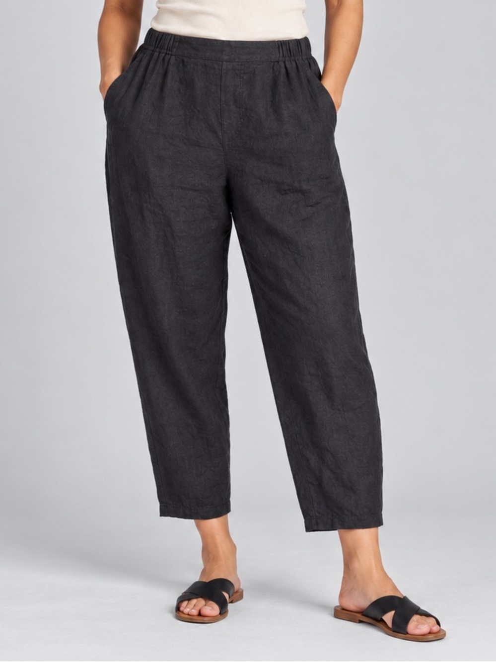 FLAX 100% Linen Tapered Ankle Black Pants Women’s Large Lagenlook